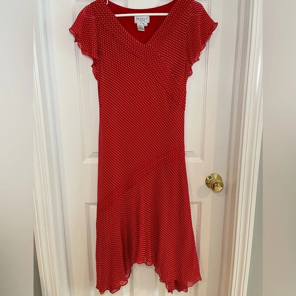 Adrianna Papell Silk Polka Dot Asymmetrical Hem Dress in Red & Cream Siz… - Picture 11 of 12